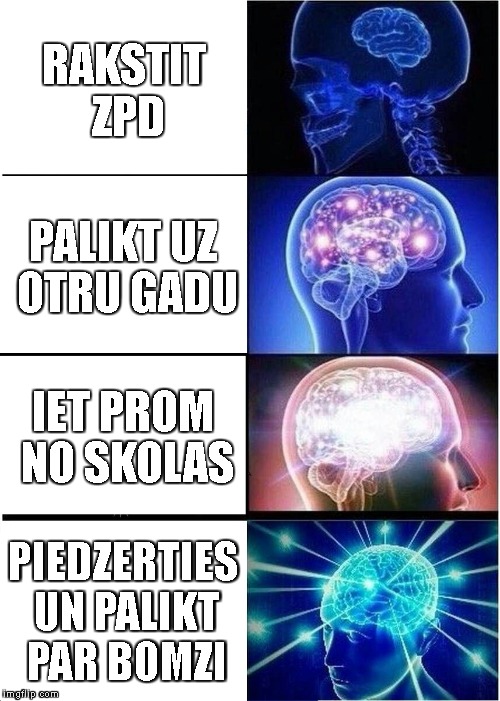 Expanding Brain Meme | RAKSTIT ZPD; PALIKT UZ OTRU GADU; IET PROM NO SKOLAS; PIEDZERTIES UN PALIKT PAR BOMZI | image tagged in memes,expanding brain | made w/ Imgflip meme maker