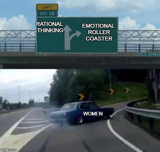 It used to be just women but now I have to walk on egg shells wondering what emotional state "guys" are in. | EMOTIONAL ROLLER COASTER; RATIONAL THINKING; WOMEN | image tagged in exit 12 highway meme | made w/ Imgflip meme maker