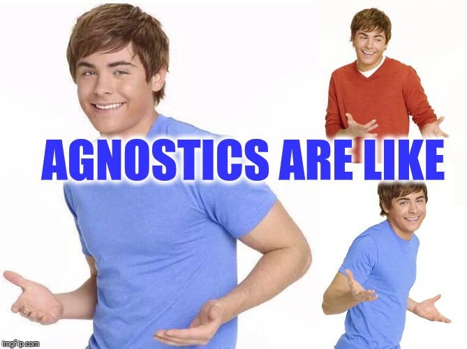 Agnostic: 
a person who believes that nothing is known or can be known of the existence or nature of God | AGNOSTICS ARE LIKE | image tagged in zac efron,religion,atheism,agnostic | made w/ Imgflip meme maker