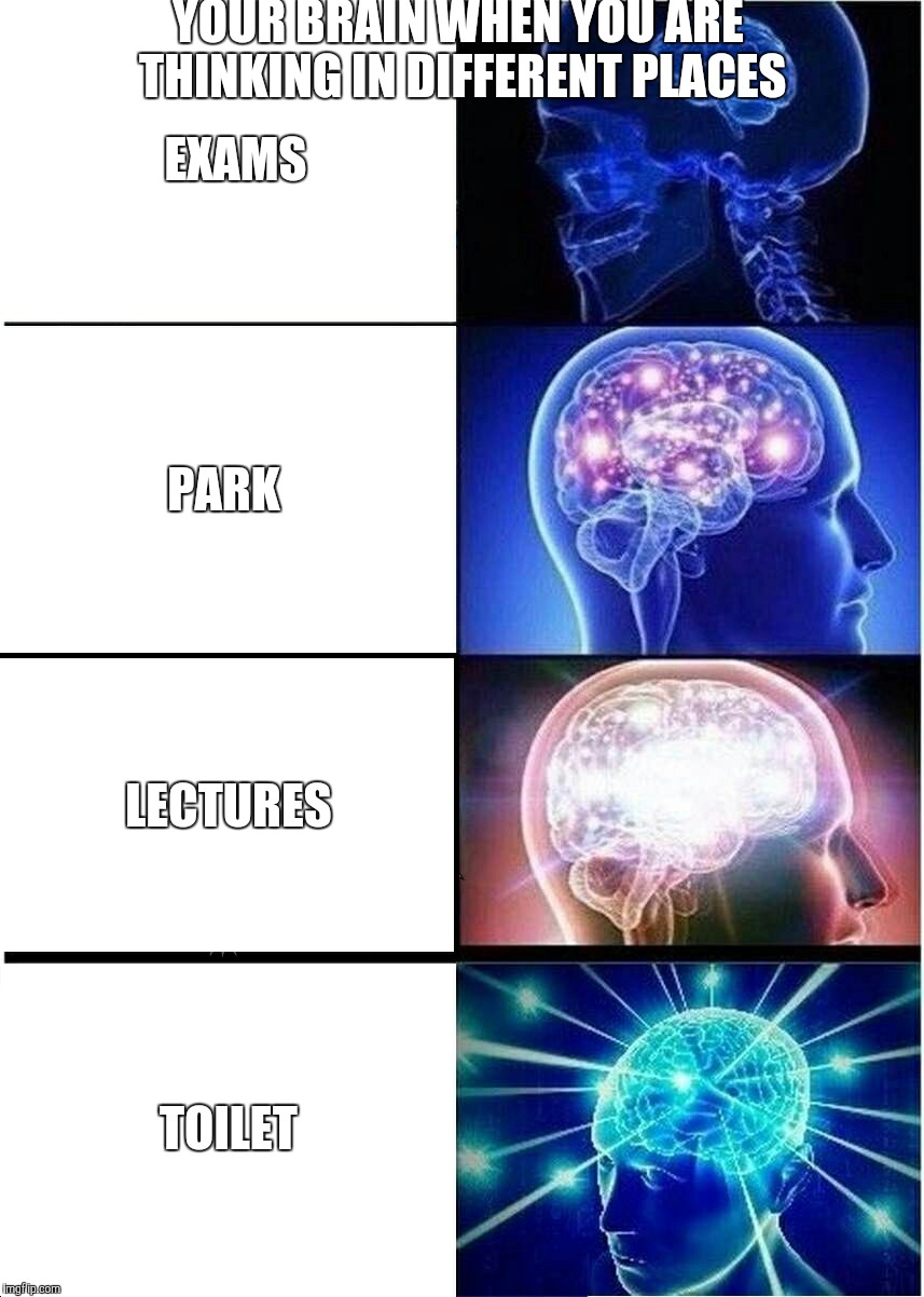 Expanding Brain | YOUR BRAIN WHEN YOU ARE THINKING IN DIFFERENT PLACES; EXAMS; PARK; LECTURES; TOILET | image tagged in memes,expanding brain | made w/ Imgflip meme maker