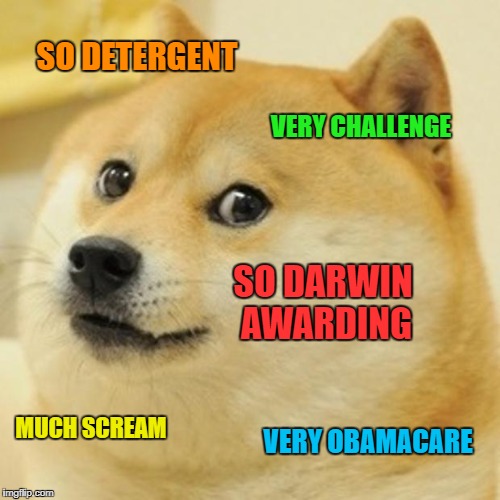 Doge reacts to Tide Pod Challenge | SO DETERGENT; VERY CHALLENGE; SO DARWIN AWARDING; MUCH SCREAM; VERY OBAMACARE | image tagged in memes,doge,tide pods | made w/ Imgflip meme maker