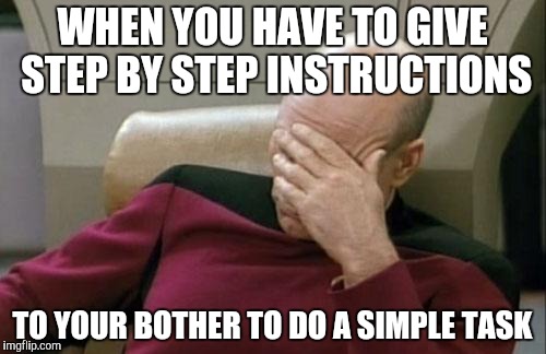 I had to do this before, several times. | WHEN YOU HAVE TO GIVE STEP BY STEP INSTRUCTIONS; TO YOUR BOTHER TO DO A SIMPLE TASK | image tagged in memes,captain picard facepalm | made w/ Imgflip meme maker