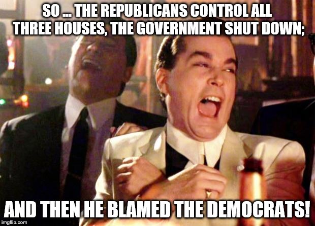 Goodfellas laughing about government shutdown
 | SO ... THE REPUBLICANS CONTROL ALL THREE HOUSES, THE GOVERNMENT SHUT DOWN;; AND THEN HE BLAMED THE DEMOCRATS! | image tagged in goodfellas laugh,government shutdown,blame the democrats | made w/ Imgflip meme maker