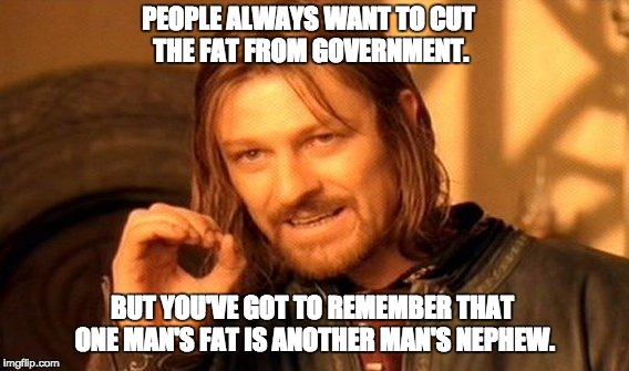 One Does Not Simply Meme | PEOPLE ALWAYS WANT TO CUT THE FAT FROM GOVERNMENT. BUT YOU'VE GOT TO REMEMBER THAT ONE MAN'S FAT IS ANOTHER MAN'S NEPHEW. | image tagged in memes,one does not simply | made w/ Imgflip meme maker