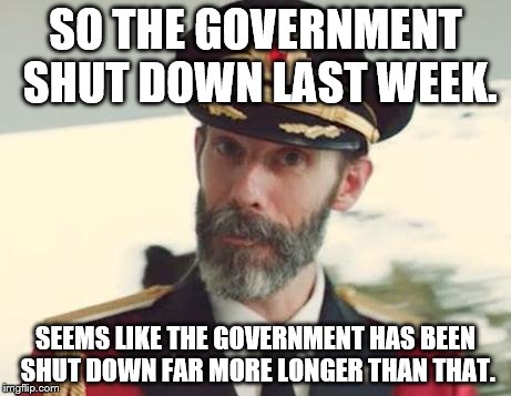 Captain Obvious | SO THE GOVERNMENT SHUT DOWN LAST WEEK. SEEMS LIKE THE GOVERNMENT HAS BEEN SHUT DOWN FAR MORE LONGER THAN THAT. | image tagged in captain obvious | made w/ Imgflip meme maker