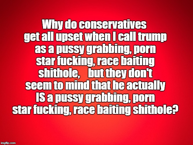 trump | Why do conservatives get all upset when I call trump as a pussy grabbing, porn star fucking, race baiting shithole,    but they don't seem to mind that he actually IS a pussy grabbing, porn star fucking, race baiting shithole? | image tagged in trump,donald trump,shithole,pussy grabber,porn,conservatives | made w/ Imgflip meme maker