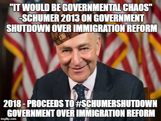 "IT WOULD BE GOVERNMENTAL CHAOS" -SCHUMER 2013 ON GOVERNMENT SHUTDOWN OVER IMMIGRATION REFORM; 2018 - PROCEEDS TO #SCHUMERSHUTDOWN GOVERNMENT OVER IMMIGRATION REFORM | made w/ Imgflip meme maker