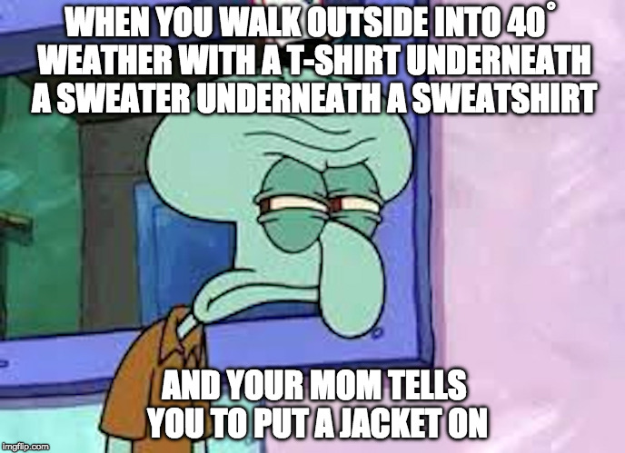 Mother knows best, anyway | WHEN YOU WALK OUTSIDE INTO 40˚ WEATHER WITH A T-SHIRT UNDERNEATH A SWEATER UNDERNEATH A SWEATSHIRT; AND YOUR MOM TELLS YOU TO PUT A JACKET ON | image tagged in annoyed squidward,squidward,jacket,mom,memes,funny | made w/ Imgflip meme maker