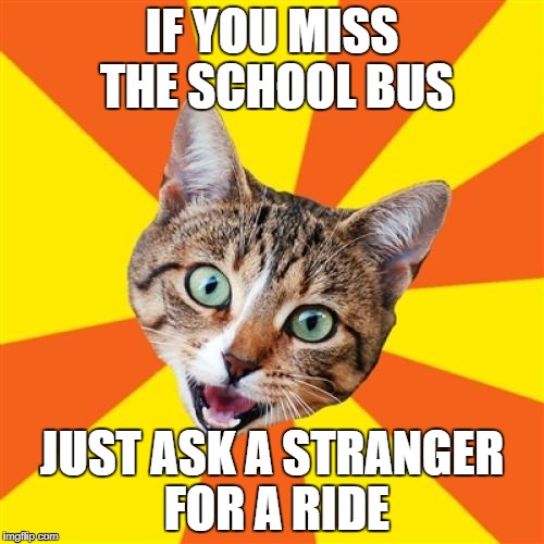 Bad Advice Cat | IF YOU MISS THE SCHOOL BUS; JUST ASK A STRANGER FOR A RIDE | image tagged in memes,bad advice cat,middle school | made w/ Imgflip meme maker