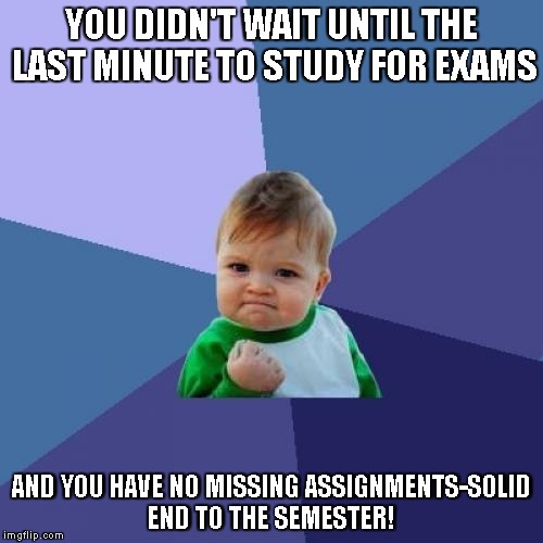 Success Kid Meme | YOU DIDN'T WAIT UNTIL THE LAST MINUTE TO STUDY FOR EXAMS; AND YOU HAVE NO MISSING ASSIGNMENTS-SOLID END TO THE SEMESTER! | image tagged in memes,success kid | made w/ Imgflip meme maker