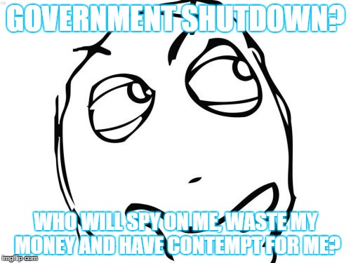 Question Rage Face | GOVERNMENT SHUTDOWN? WHO WILL SPY ON ME, WASTE MY MONEY AND HAVE CONTEMPT FOR ME? | image tagged in memes,question rage face | made w/ Imgflip meme maker