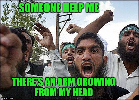 Muslim rage boy |  SOMEONE HELP ME; THERE’S AN ARM GROWING FROM MY HEAD | image tagged in muslim rage boy | made w/ Imgflip meme maker