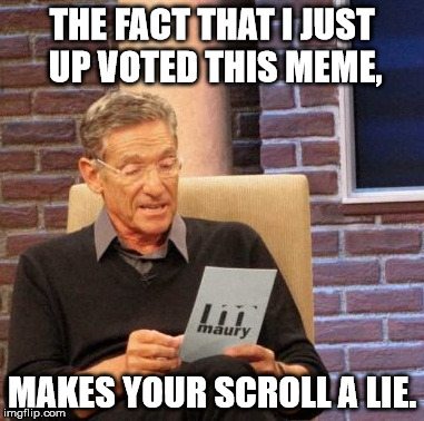 Maury Lie Detector Meme | THE FACT THAT I JUST UP VOTED THIS MEME, MAKES YOUR SCROLL A LIE. | image tagged in memes,maury lie detector | made w/ Imgflip meme maker