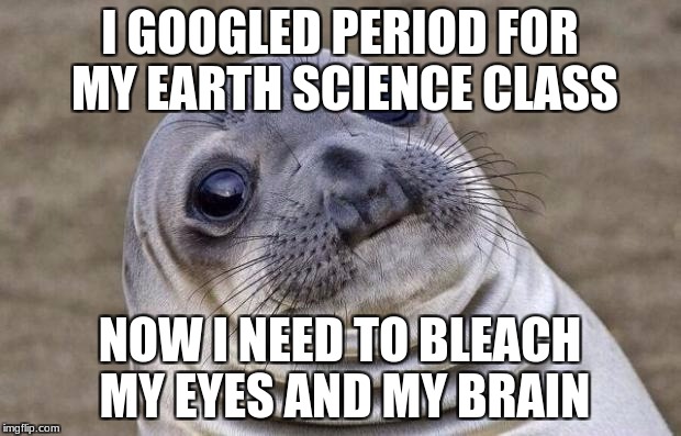 Awkward Moment Sealion Meme | I GOOGLED PERIOD FOR MY EARTH SCIENCE CLASS; NOW I NEED TO BLEACH MY EYES AND MY BRAIN | image tagged in memes,awkward moment sealion | made w/ Imgflip meme maker