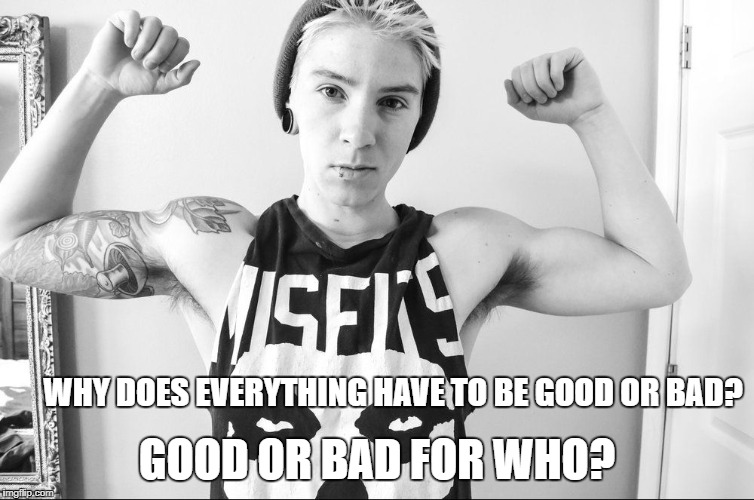 ftm | WHY DOES EVERYTHING HAVE TO BE GOOD OR BAD? GOOD OR BAD FOR WHO? | image tagged in ftm | made w/ Imgflip meme maker