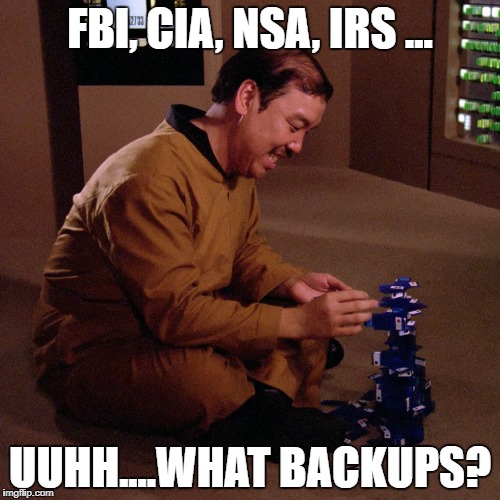FBI, CIA, NSA, IRS ... UUHH....WHAT BACKUPS? | image tagged in shimoda | made w/ Imgflip meme maker