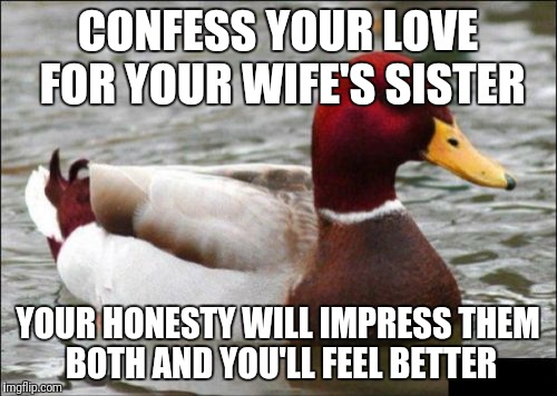 Malicious Advice Mallard Meme | CONFESS YOUR LOVE FOR YOUR WIFE'S SISTER; YOUR HONESTY WILL IMPRESS THEM BOTH AND YOU'LL FEEL BETTER | image tagged in memes,malicious advice mallard | made w/ Imgflip meme maker