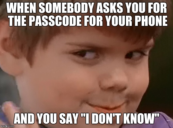 WHEN SOMEBODY ASKS YOU FOR THE PASSCODE FOR YOUR PHONE; AND YOU SAY "I DON'T KNOW" | image tagged in sneaky | made w/ Imgflip meme maker