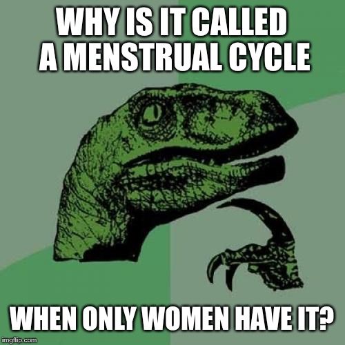 Philosoraptor | WHY IS IT CALLED A MENSTRUAL CYCLE; WHEN ONLY WOMEN HAVE IT? | image tagged in memes,philosoraptor | made w/ Imgflip meme maker