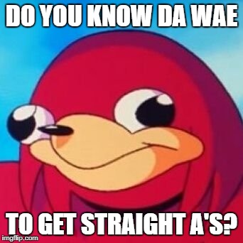 Ugandan Knuckles | DO YOU KNOW DA WAE; TO GET STRAIGHT A'S? | image tagged in ugandan knuckles | made w/ Imgflip meme maker