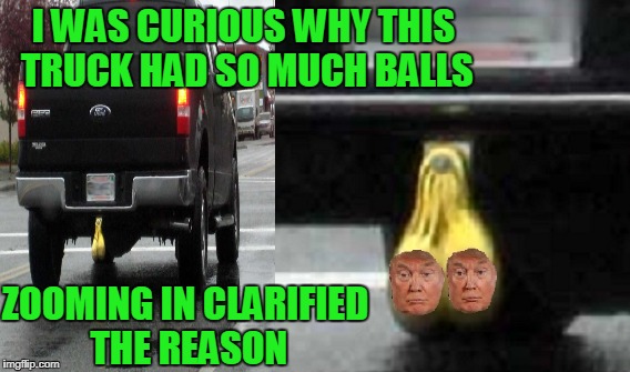 Trump nuts. Grow a pair. | I WAS CURIOUS WHY THIS TRUCK HAD SO MUCH BALLS; ZOOMING IN CLARIFIED THE REASON | image tagged in donald trump approves | made w/ Imgflip meme maker