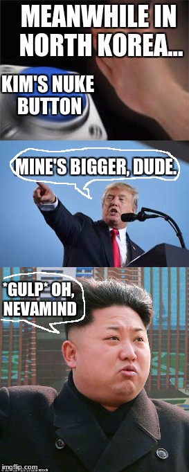 Cold War 2 begins | MEANWHILE IN NORTH KOREA... KIM'S NUKE BUTTON; MINE'S BIGGER, DUDE. *GULP* OH, NEVAMIND | image tagged in donald trump,kim jong un,nuke,button | made w/ Imgflip meme maker