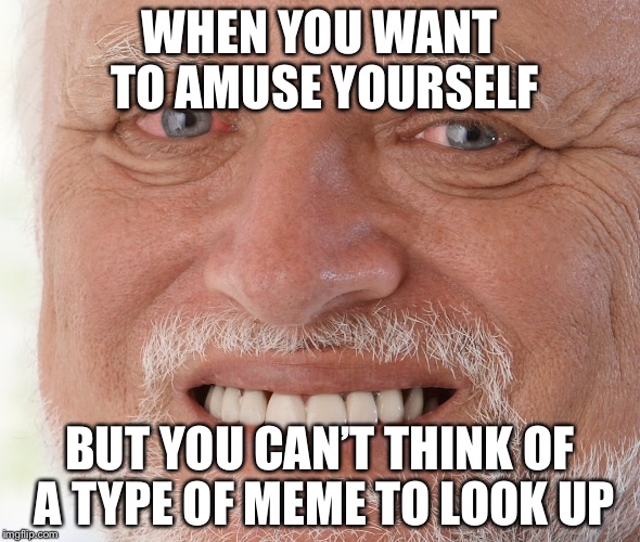 Hide the Pain Harold | WHEN YOU WANT TO AMUSE YOURSELF; BUT YOU CAN’T THINK OF A TYPE OF MEME TO LOOK UP | image tagged in hide the pain harold | made w/ Imgflip meme maker