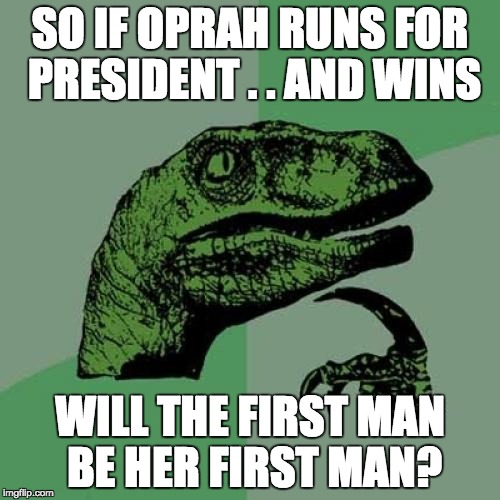 Philosoraptor | SO IF OPRAH RUNS FOR PRESIDENT . . AND WINS; WILL THE FIRST MAN BE HER FIRST MAN? | image tagged in memes,philosoraptor | made w/ Imgflip meme maker