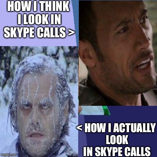 Skype calls | HOW I THINK I LOOK IN SKYPE CALLS >; < HOW I ACTUALLY LOOK IN SKYPE CALLS | image tagged in skype,rick,rock,rack,ruck,rkck | made w/ Imgflip meme maker