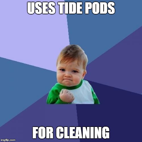Using tide pods the right way | USES TIDE PODS; FOR CLEANING | image tagged in memes,success kid,tide pods | made w/ Imgflip meme maker