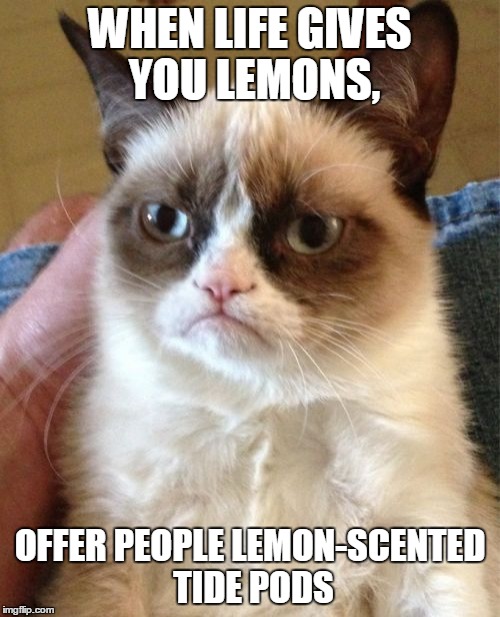 Going with the Tide. ≧◉︹◉≦  |  WHEN LIFE GIVES YOU LEMONS, OFFER PEOPLE LEMON-SCENTED TIDE PODS | image tagged in memes,grumpy cat,tide pods,tide pod challenge,when life gives you lemons,don't eat what grumpy cat gives you | made w/ Imgflip meme maker