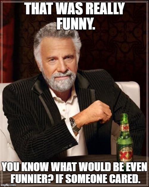 The Most Interesting Man In The World | THAT WAS REALLY FUNNY. YOU KNOW WHAT WOULD BE EVEN FUNNIER? IF SOMEONE CARED. | image tagged in memes,the most interesting man in the world | made w/ Imgflip meme maker