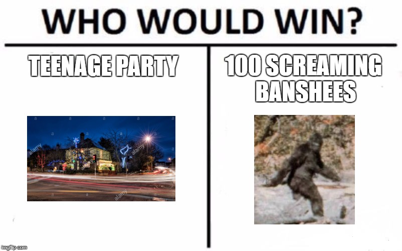 Who Would Win? Meme | TEENAGE PARTY; 100 SCREAMING BANSHEES | image tagged in memes,who would win | made w/ Imgflip meme maker