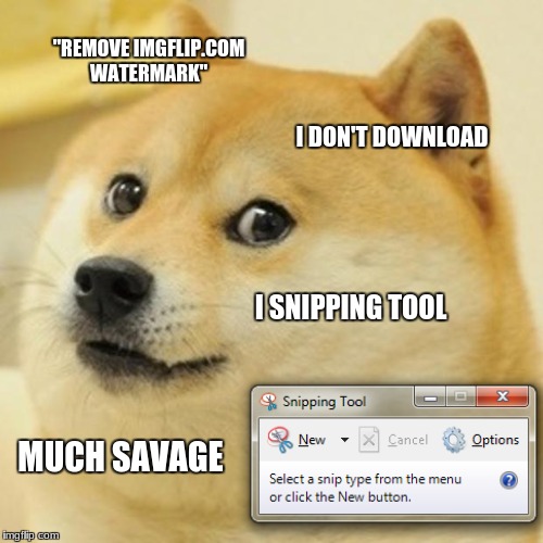 Doge | "REMOVE IMGFLIP.COM WATERMARK"; I DON'T DOWNLOAD; I SNIPPING TOOL; MUCH SAVAGE | image tagged in memes,doge,snipping tool,savage | made w/ Imgflip meme maker
