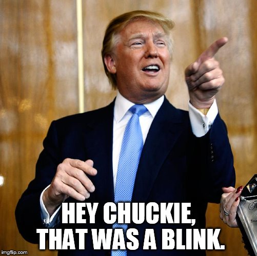 Trump wins again | HEY CHUCKIE, THAT WAS A BLINK. | image tagged in government shutdown,build a wall,no hostages | made w/ Imgflip meme maker