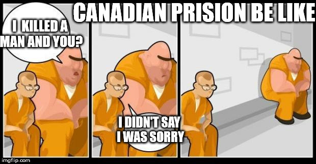 I killed a man, and you? | CANADIAN PRISION BE LIKE; I  KILLED A MAN AND YOU? I DIDN'T SAY I WAS SORRY | image tagged in i killed a man and you? | made w/ Imgflip meme maker