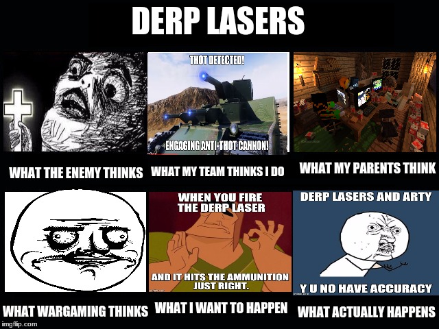 What my friends think I do | DERP LASERS; WHAT MY PARENTS THINK; WHAT THE ENEMY THINKS; WHAT MY TEAM THINKS I DO; WHAT I WANT TO HAPPEN; WHAT WARGAMING THINKS; WHAT ACTUALLY HAPPENS | image tagged in what my friends think i do | made w/ Imgflip meme maker