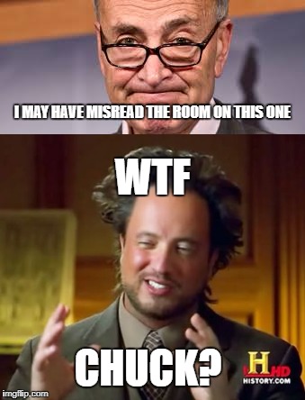 It appears that democrat leaders misread the public on this one. | I MAY HAVE MISREAD THE ROOM ON THIS ONE; WTF; CHUCK? | image tagged in chuck schumer,political,embarrassing,political meme,government shutdown | made w/ Imgflip meme maker