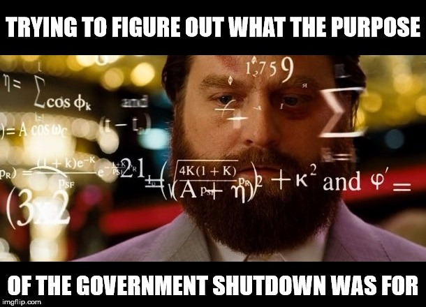 Congressional Logic | TRYING TO FIGURE OUT WHAT THE PURPOSE; OF THE GOVERNMENT SHUTDOWN WAS FOR | image tagged in calculator alan,memes,congress,logic,government shutdown | made w/ Imgflip meme maker