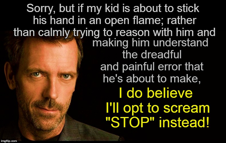 Sorry, but if my kid is about to stick his hand in an open flame; rather than calmly trying to reason with him and making him understand the | made w/ Imgflip meme maker