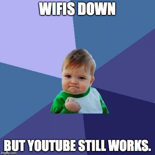 Success Kid Meme | WIFIS DOWN; BUT YOUTUBE STILL WORKS. | image tagged in memes,success kid | made w/ Imgflip meme maker