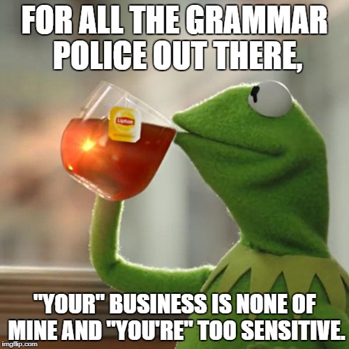 !!!!ATTENTION ALL GRAMMAR POLICE!!! | FOR ALL THE GRAMMAR POLICE OUT THERE, "YOUR" BUSINESS IS NONE OF MINE AND "YOU'RE" TOO SENSITIVE. | image tagged in memes,but thats none of my business,kermit the frog | made w/ Imgflip meme maker