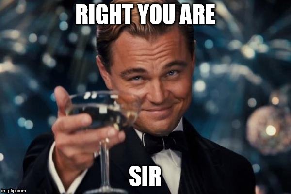 Leonardo Dicaprio Cheers Meme | RIGHT YOU ARE SIR | image tagged in memes,leonardo dicaprio cheers | made w/ Imgflip meme maker