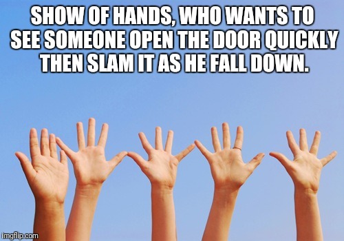 SHOW OF HANDS, WHO WANTS TO SEE SOMEONE OPEN THE DOOR QUICKLY THEN SLAM IT AS HE FALL DOWN. | made w/ Imgflip meme maker