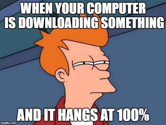 Anyone who's downloaded something with Google's gotta have had this before. | WHEN YOUR COMPUTER IS DOWNLOADING SOMETHING; AND IT HANGS AT 100% | image tagged in memes,futurama fry | made w/ Imgflip meme maker
