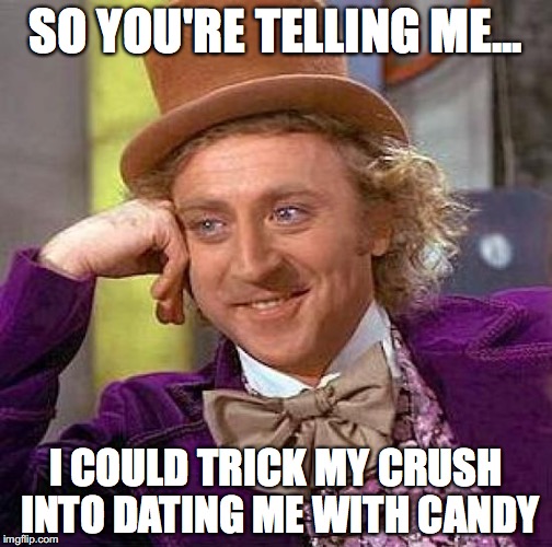 Creepy Condescending Wonka Meme | SO YOU'RE TELLING ME... I COULD TRICK MY CRUSH INTO DATING ME WITH CANDY | image tagged in memes,creepy condescending wonka | made w/ Imgflip meme maker