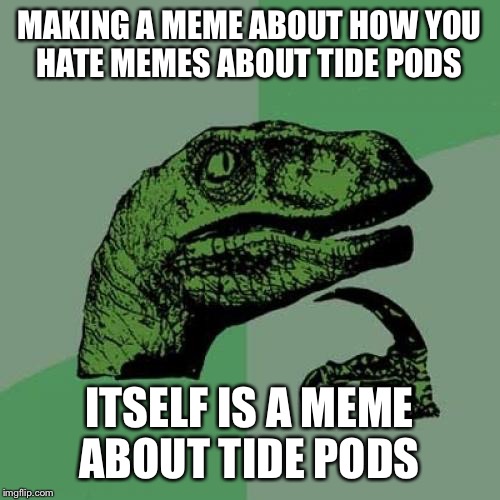 Philosoraptor Meme | MAKING A MEME ABOUT HOW YOU HATE MEMES ABOUT TIDE PODS; ITSELF IS A MEME ABOUT TIDE PODS | image tagged in memes,philosoraptor | made w/ Imgflip meme maker