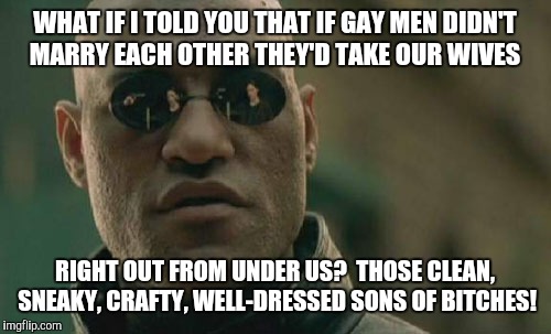 Everything you know is a lie! | WHAT IF I TOLD YOU THAT IF GAY MEN DIDN'T MARRY EACH OTHER THEY'D TAKE OUR WIVES; RIGHT OUT FROM UNDER US?
 THOSE CLEAN, SNEAKY, CRAFTY, WELL-DRESSED SONS OF BITCHES! | image tagged in memes,matrix morpheus,gay marriage,lgbtq,gay rights,civil rights | made w/ Imgflip meme maker