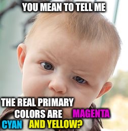 the true primary colors | YOU MEAN TO TELL ME; THE REAL PRIMARY COLORS ARE; MAGENTA; AND YELLOW? CYAN | image tagged in memes,skeptical baby | made w/ Imgflip meme maker