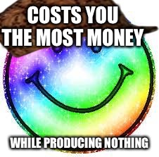 Rainbow smile face | COSTS YOU THE MOST MONEY; WHILE PRODUCING NOTHING | image tagged in rainbow smile face,scumbag | made w/ Imgflip meme maker